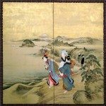 Kitagawa Fujimaro, Travelers at Shichirigama Beach pass Enoshima Island