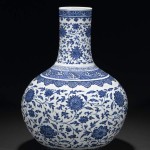 A blue and white porcelain vase, tianqiuping, Yongzheng (1722–35) mark and period, with interlocking lotus, pomegranate, peony, camellia and seasonal flowers and bands of waves.