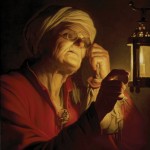 Gerrit van Honthorst, Old Woman Examining a Coin by a Lantern (Sight or Avarice), oil on canvas, 75 x 60 cm.