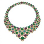 Bulgari, bib necklace, 1965, gold with emeralds, amethysts, turquoise, and diamonds.