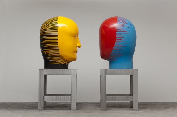 Jun Kaneko, Untitled, Heads, 2011, cast bronze and steel, 74 x 33.25 x 29 inches;