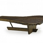 From top: George and Mira Nakashima, transitional Minguren II coffee table, New Hope, PA, 1990, Claro walnut burl, walnut, 15 ½” x 69” x 55”;
