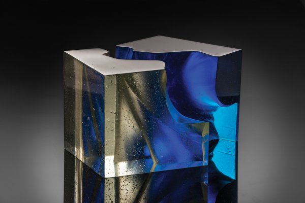 John Wood, Blue Cut Cube, 2014, 10 x 15 x 10 inches.;