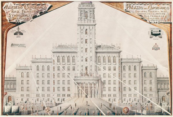 A.G. Rizzoli, Alfredo Capobianco and Family Symbolically Sketched/Palazzo del Capobianco, 1937, ink on rag paper