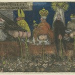 James Ensor, Doctrinal Nourishment, 1889/1895, Etching printed with tone and hand-colored with white gouache and with red, yellow, and blue chalk and watercolor.