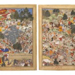 Battle at Thaneshwar, bifolio from the Akbarnama, India, Mughal dynasty, 1590–95, opaque watercolor, gold, and ink on paper;