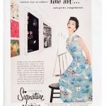 Signature Fabrics advertisement showing Vogue dress pattern