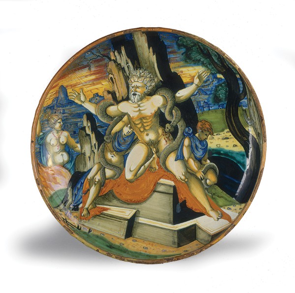 Workshop or follower of Francesco Xanto Avelli, lustered in the workshop of Maestro Giorgio Andreoli, Shallow bowl on low foot with the death of Laocoön and his two sons, 1539