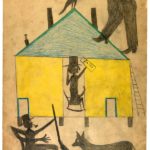 Bill Traylor, Untitled (Yellow and Blue House with Figures and Dog), July 1939