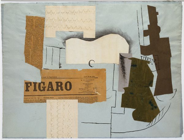 Pablo Picasso, Bottle of Vieux Marc, Glass, Guitar and Newspaper, 1913