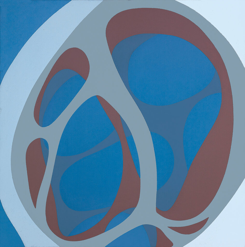 Untitled, (Forms in Space), 1970, acrylic on canvas, 30 x 30 in.
The Feitelson / Lundeberg Art Foundation, Courtesy Louis Stern Fine Arts ©The Feitelson / Lundeberg Art Foundation, Photo: Gerard Vuilleumier 