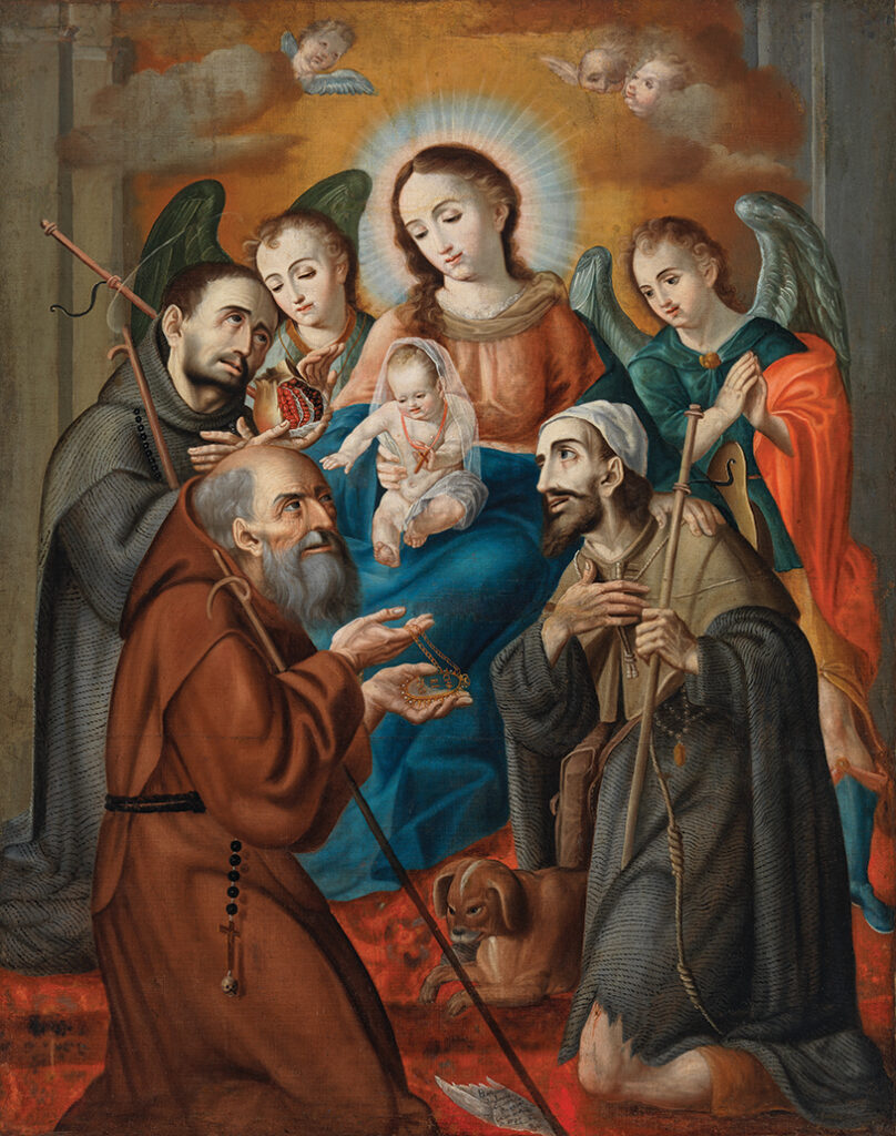 Joaquín Caraballo, Virgin and Child with Saints Francis of Paola, John, and Roch (La Virgen y el Niño con san Francisco de Paula, san Juan, y san Roque), Bolivia, 1773.
Los Angeles County Museum of Art, gift of Nicolás Cortés Gallery, Madrid. Photo © Museum Associates/ LACMA.