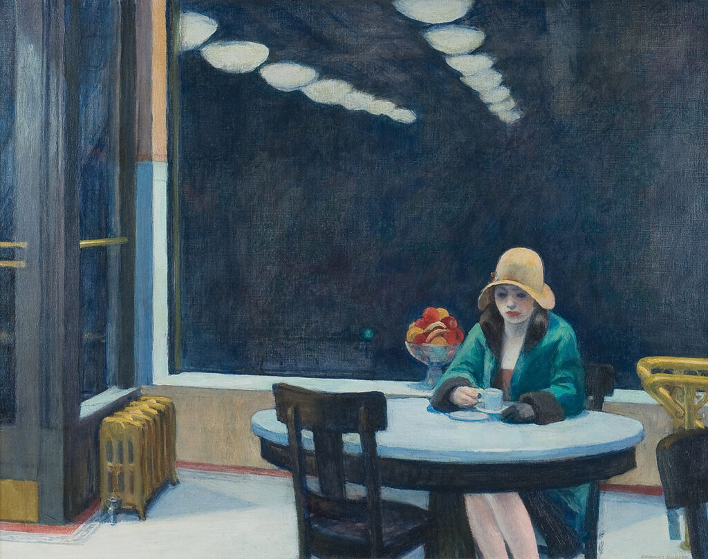 Automat, 1927. Oil on canvas, 28 1⁄8 x 35 in. 
Des Moines Art Center, Des Moines, Iowa. Purchased with funds from the Edmundson Art Foundation, Inc. © 2022 Heirs of Josephine N. Hopper/Licensed by Artists Rights Society (ARS), New York. Photograph by Rich Sanders, Des Moines, Iowa