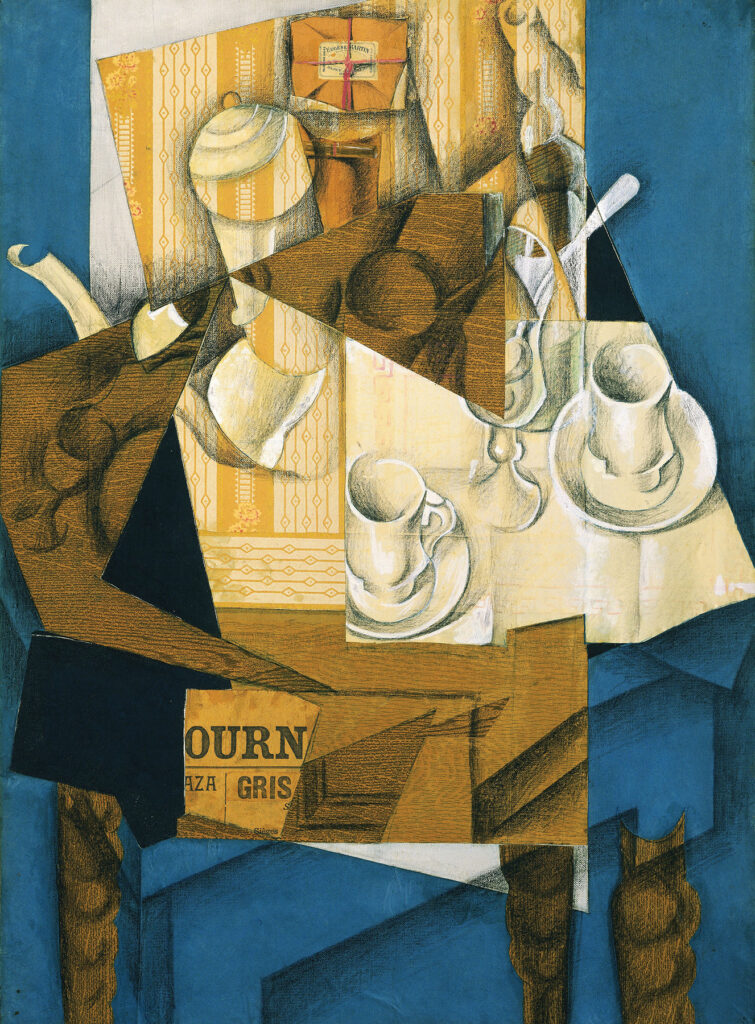 Juan Gris (1887-1927), Breakfast, 1914. Cut-and-pasted printed wallpaper, newspaper, trans-parentized paper, white laid paper, gouache, oil and wax crayon on canvas.
The Museum of Modern Art, acquired through the Lillie P. Bliss Bequest (248.1948).