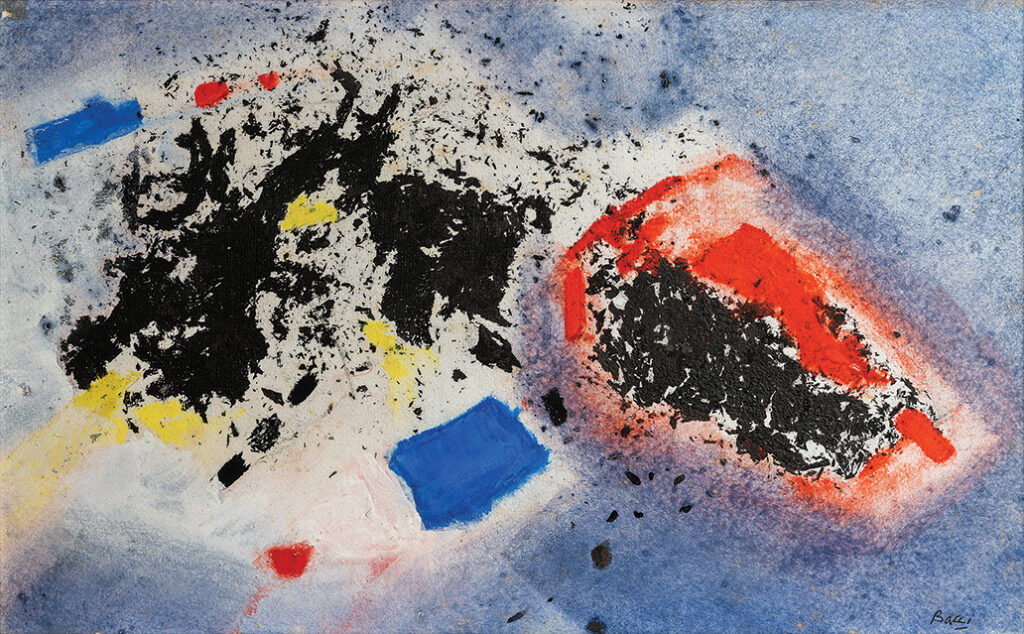 Senza titolo/Untitled, 1972, tempera and burnt paper on paper mounted on panel, 26 x 42 cm.
Mario Bassiato Collection, Treviso