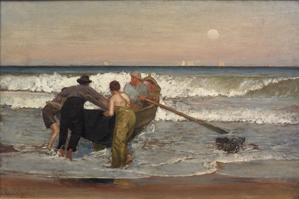 Louis Comfort Tiffany, Pushing Off the Boat at Sea Bright, New Jersey, 1887, oil on canvas, 23 1⁄4   x 35 in.
Courtesy of the Nassau County Museum of Art