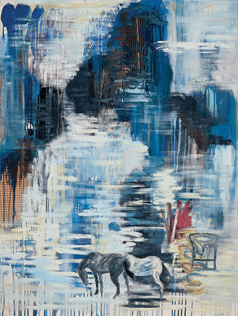 Blackwater Draw II, 1983, acrylic and fabric on canvas, 48 × 36 in.
The John and Susan Horseman Collection; courtesy The Horseman Foundation. © Jaune Quick-to-See Smith. Photograph by Jenna Carlie.