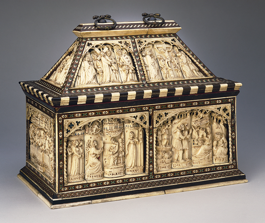 Workshop of Baldassare degli Embriachi, Casket, Italy, c. 1400, carved bone, stained horn, wood, pigment, gilt metal, 11 1/8 x 13 x 7 1⁄2 in.
Los Angeles County Museum of Art, purchased with funds provided by the William Randolph Heart Foundation.